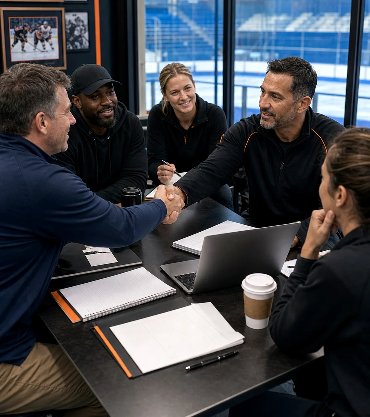 Coach intro meeting materials on a table