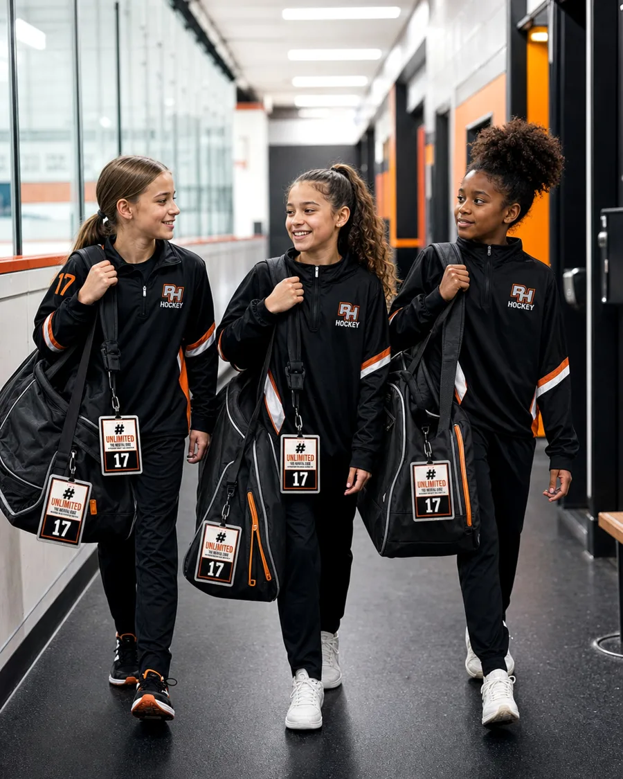 Girls hockey athletes carrying equipment bags with #UNLIMITED tags