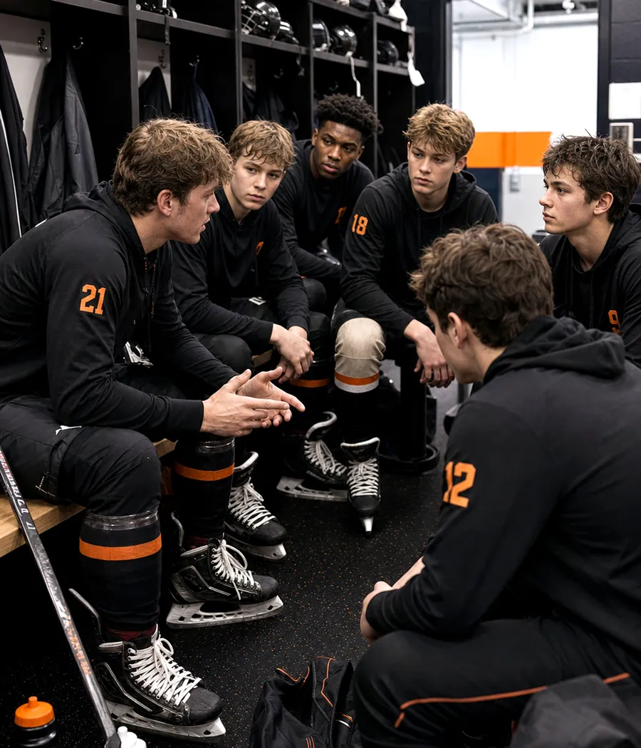 Youth athletes preparing together in a locker room